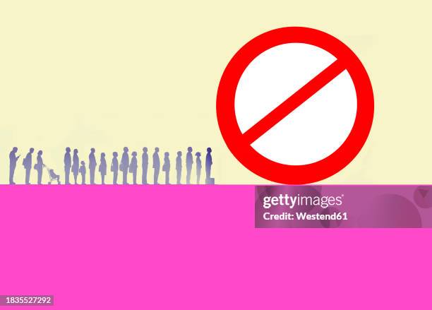 ilustrações, clipart, desenhos animados e ícones de people standing in row near keep out sign - sinal de mantenha a distância