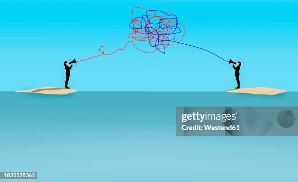 people communicating through megaphone with tangled lines on island - tangled stock illustrations