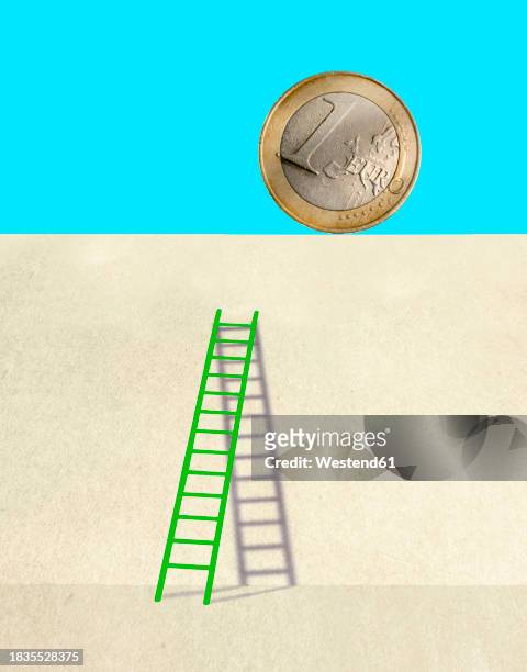 ladder leaning on wall with one euro coin - 1 euro stock-grafiken, -clipart, -cartoons und -symbole