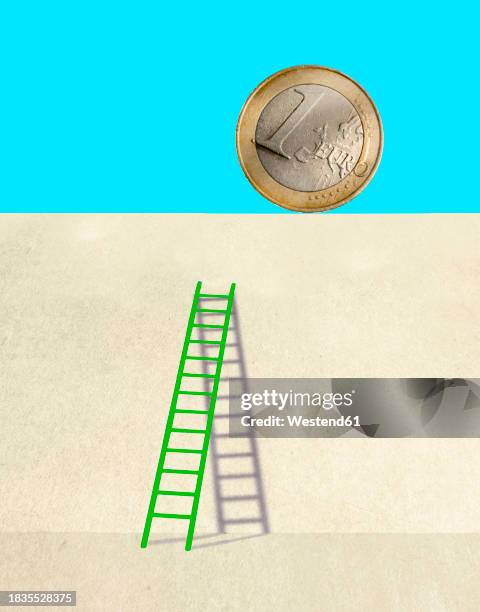 ilustraciones, imágenes clip art, dibujos animados e iconos de stock de ladder leaning on wall with one euro coin - libertad financiera