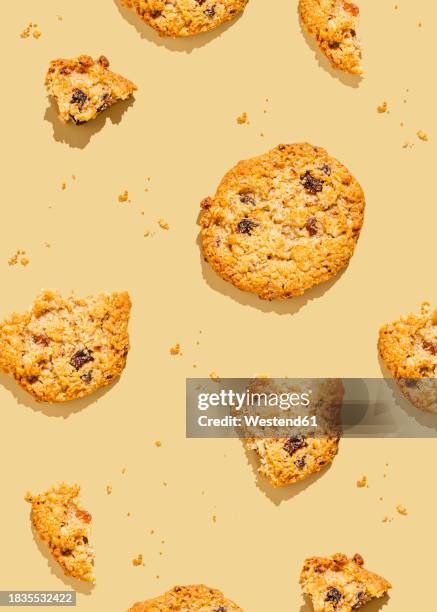 broken oatmeal cookies arranged against yellow background - flapjack stock illustrations