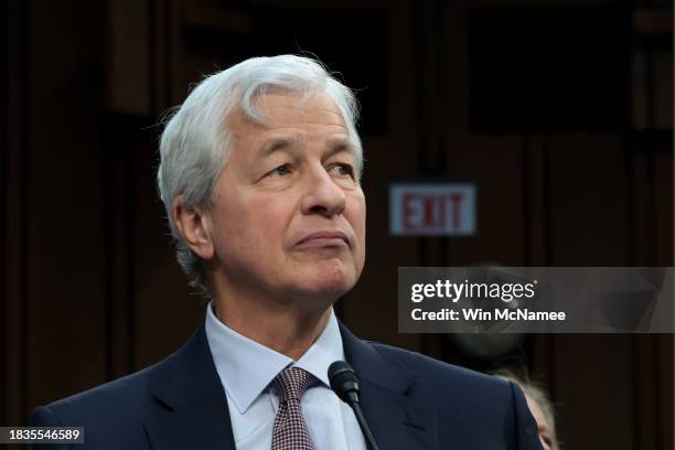 Jamie Dimon, Chairman and CEO of JPMorgan Chase, testifies during a Senate Banking Committee hearing at the Hart Senate Office Building on December...