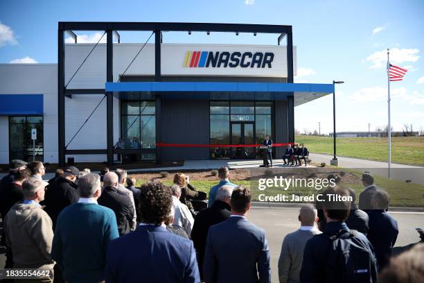 President Steve Phelps speaks during the NASCAR Productions Facility Grand Opening on December 06, 2023 in Concord, North Carolina.