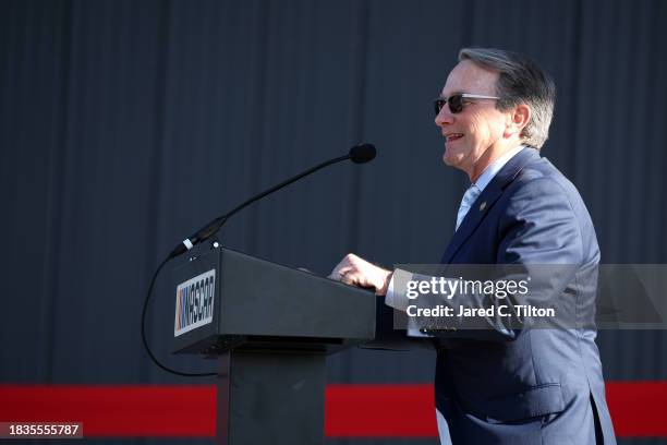 Paul Newton, North Carolina Senate Majority Leader, speaks during the NASCAR Productions Facility Grand Opening on December 06, 2023 in Concord,...