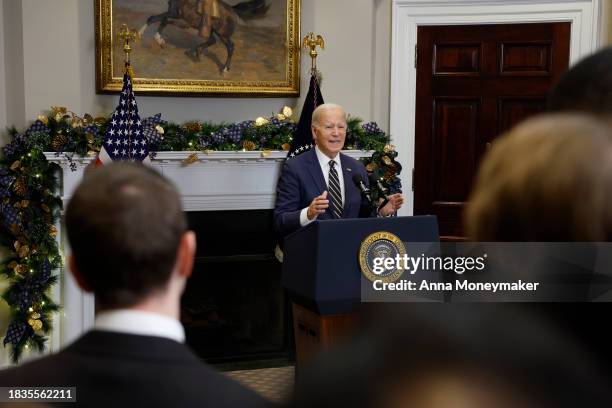 President Joe Biden delivers a statement urging Congress to pass his national security supplemental from the Roosevelt Room at the White House on...