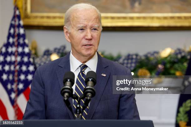 President Joe Biden delivers a statement urging Congress to pass his national security supplemental from the Roosevelt Room at the White House on...
