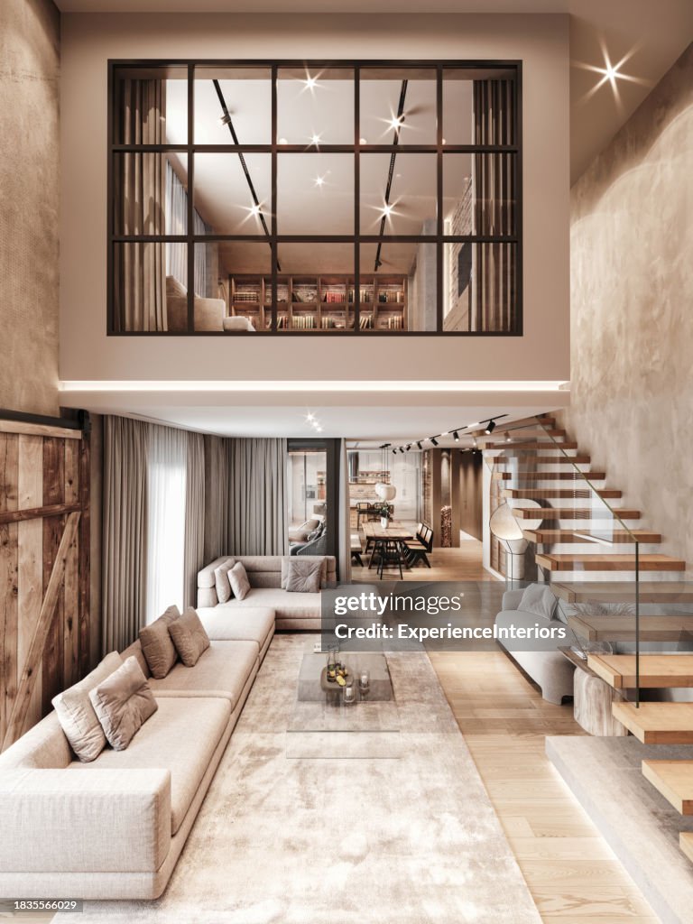 Loft Duplex Apartment Living Room Interior High-Res Stock Photo - Getty ...