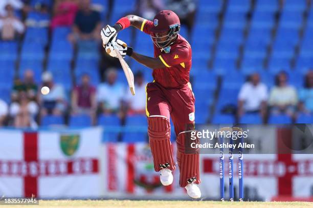 Sherfane Rutherford of West Indies bats during the 2nd CG United One Day International match between West Indies and England at Sir Vivian Richards...