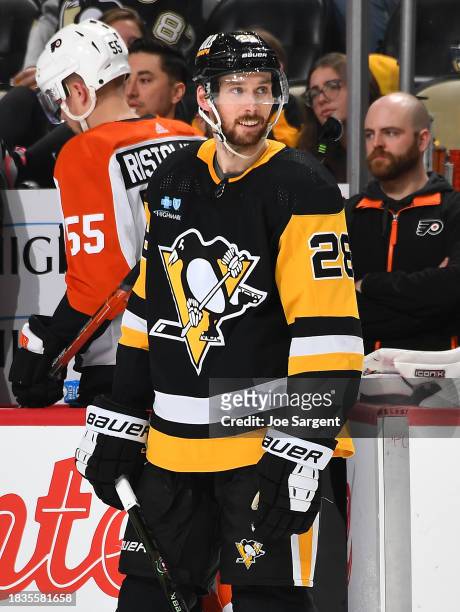 Marcus Pettersson of the Pittsburgh Penguins skates against the Philadelphia Flyers at PPG PAINTS Arena on December 2, 2023 in Pittsburgh,...