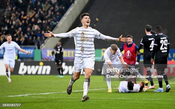 Luca Kerber of 1. FC Saarbruecken celebrates scoring his team's second goal during the DFB cup round of 16 match between 1. FC Saarbrücken and...