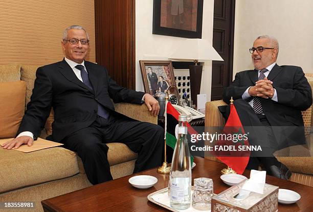 Libyan Prime Minister Ali Zeidan meets with Moroccan Prime Minister Abdelilah Benkirane on October 7, 2013 in Rabat during the former's three day...