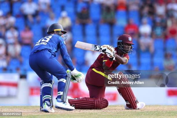 Sherfane Rutherford of West Indies bats during the 2nd CG United One Day International match between West Indies and England at Sir Vivian Richards...