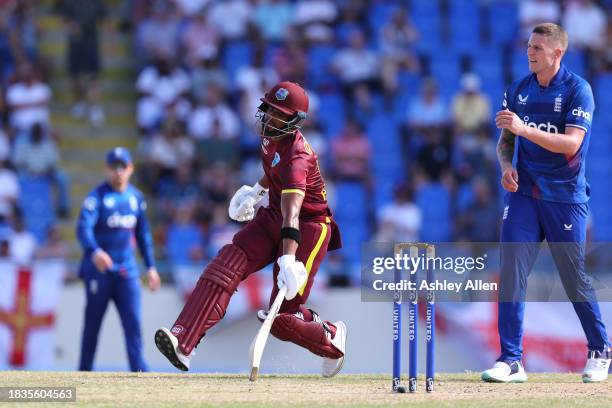 Shai Hope of West Indies makes his ground during the 2nd CG United One Day International match between West Indies and England at Sir Vivian Richards...