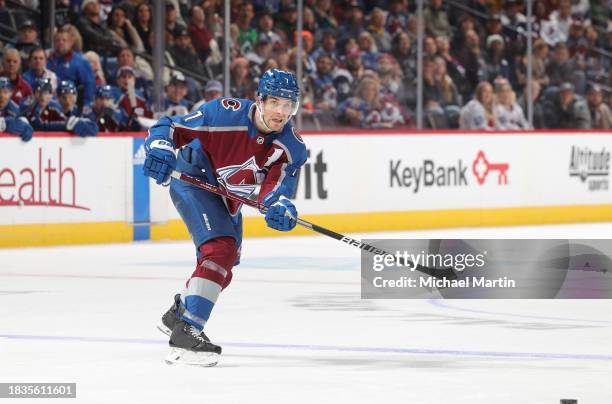 Devon Toews of the Colorado Avalanche skates against the Anaheim Ducks at Ball Arena on December 5, 2023 in Denver, Colorado.