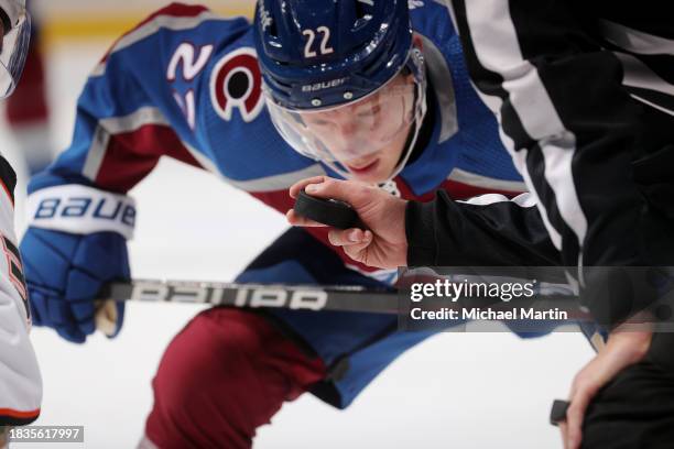 Fredrik Olofsson of the Colorado Avalanche awaits a faceoff in the first period against the Anaheim Ducks at Ball Arena on December 5, 2023 in...