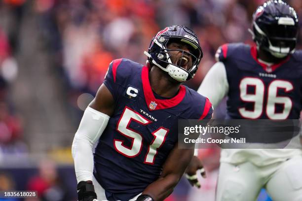 Will Anderson Jr. #51 of the Houston Texans celebrates during an NFL football game against the Denver Broncos at NRG Stadium on December 3, 2023 in...