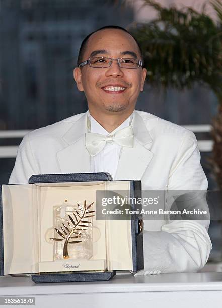 Winner of the Palme d'Or director Apichatpong Weerasethakul attends the Palme d'Or Award Ceremony Photo Call held at the Palais des Festivals during...