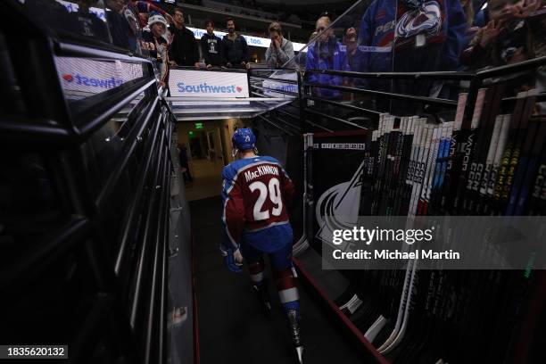 Nathan MacKinnon of the Colorado Avalanche exits the ice after warm-ups prior to the game against the Anaheim Ducks at Ball Arena on December 05,...