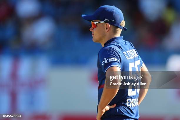 Sam Curran of England looks on during the 2nd CG United One Day International match between West Indies and England at Sir Vivian Richards Stadium on...