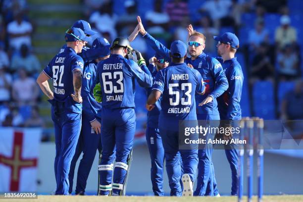 Liam Livingstone of England celebrates getting the wicket of Sherfane Rutherford of West Indies during the 2nd CG United One Day International match...