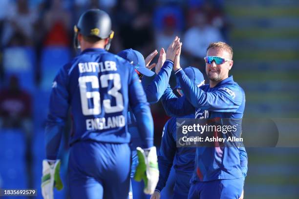 Liam Livingstone of England celebrates getting the wicket of Sherfane Rutherford ​of West Indies during the 2nd CG United One Day International match...