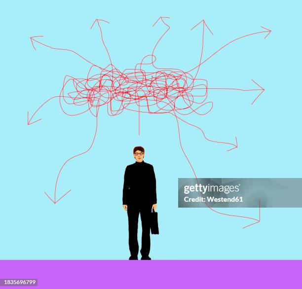 ilustrações de stock, clip art, desenhos animados e ícones de businessman standing under tangled arrows against blue background - incerteza