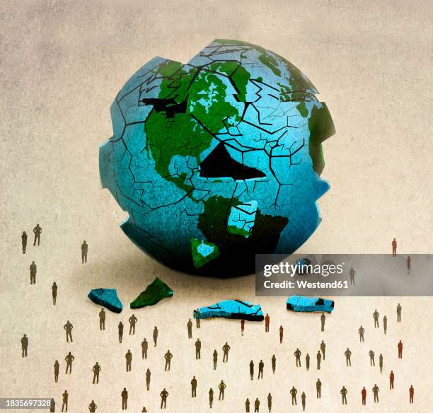 people standing in front of broken planet earth against brown background - global business stock illustrations