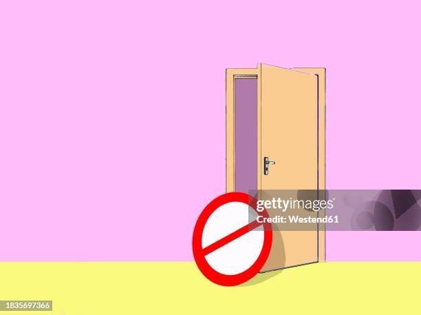 forbidden sign on open door against pink background - keep out sign stock illustrations