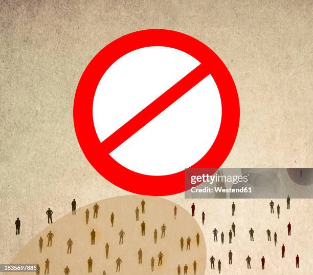 people standing in front of forbidden symbol against brown background - sign ban stock illustrations