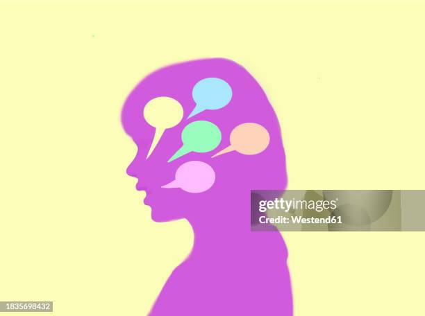 woman with speech bubbles in head against yellow background - person with thought bubble stock illustrations