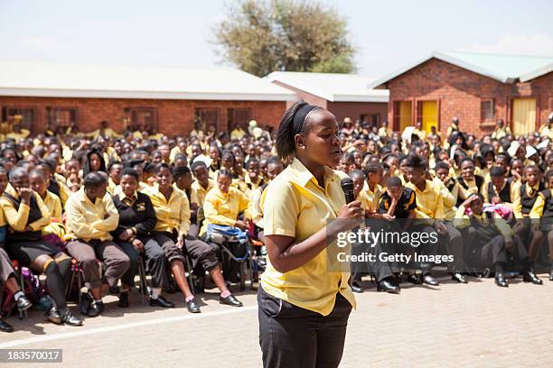 Students from Jabulile School perform for Sophie, Countess of Wessex on October 7, 2013 in Orange Farm, South Africa. The Earl and Countess of Wessex...