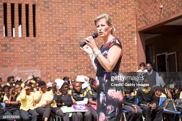 Sophie Countess of Wessex speaks to students at the Jabulile School on October 7, 2013 in Orange Farm, South Africa. The Earl and Countess of Wessex...
