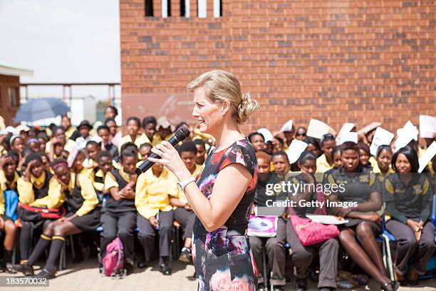 Sophie Countess of Wessex speaks to students at the Jabulile School on October 7, 2013 in Orange Farm, South Africa. The Earl and Countess of Wessex...