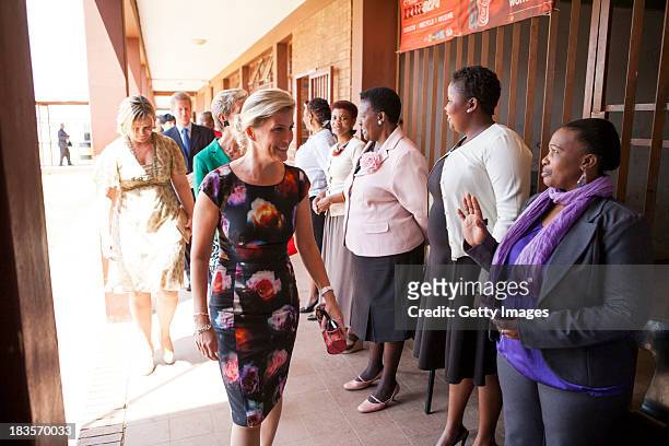 Sophie, Countess of Wessex arrives at the Jabulile School on October 7, 2013 in Orange Farm, South Africa. The Earl and Countess of Wessex are on a...