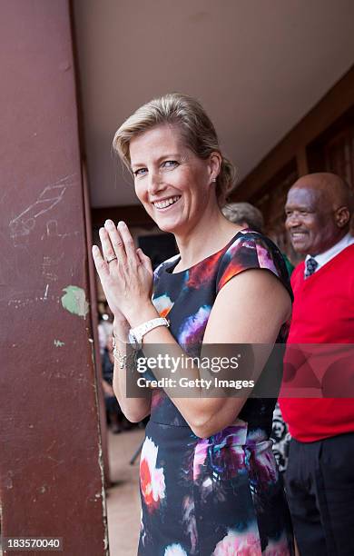 Sophie Countess of Wessex watches students perform at the Jabulile School on October 7, 2013 in Orange Farm, South Africa. The Earl and Countess of...