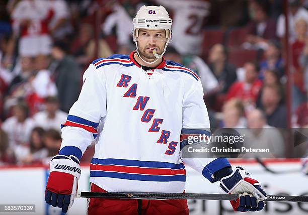 Rick Nash of the New York Rangers during the home opening NHL game against the Phoenix Coyotes at Jobing.com Arena on October 3, 2013 in Glendale,...