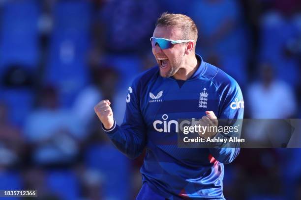 Liam Livingstone of England celebrates getting the wicket of Shai Hope of West Indies during the 2nd CG United One Day International match between...