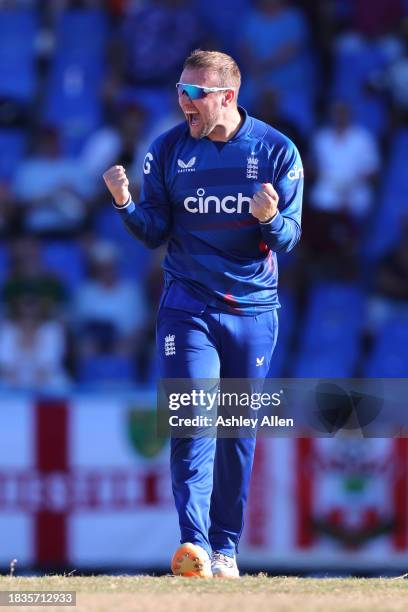 Liam Livingstone of England celebrates getting the wicket of Shai Hope of West Indies during the 2nd CG United One Day International match between...