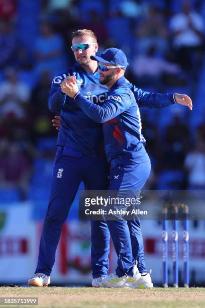 Liam Livingstone and Ben Duckett of England celebrate getting the wicket of Shai Hope of West Indies during the 2nd CG United One Day International...