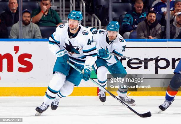 Marc-Edouard Vlasic of the San Jose Sharks skates against the New York Islanders at UBS Arena on December 05, 2023 in Elmont, New York.