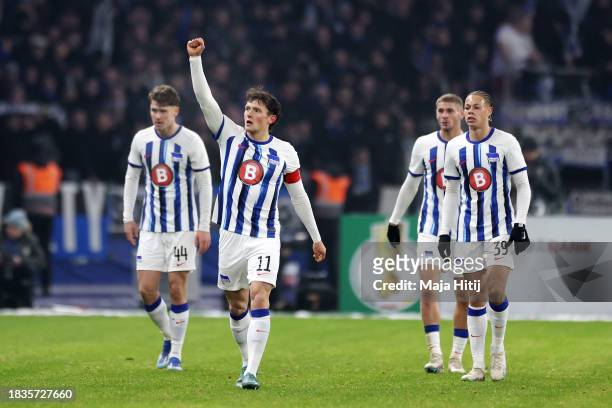 Fabian Reese of Hertha Berlin celebrates scoring his team's first goal during the DFB cup round of 16 match between Hertha BSC and Hamburger SV at...