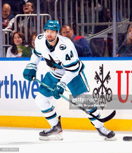 Marc-Edouard Vlasic of the San Jose Sharks skates against the New York Islanders at UBS Arena on December 05, 2023 in Elmont, New York.