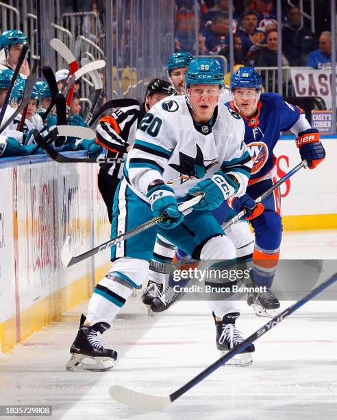 Fabian Zetterlund of the San Jose Sharks skates against the New York Islanders at UBS Arena on December 05, 2023 in Elmont, New York.