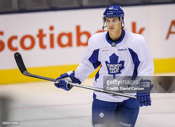 Toronto Maple Leafs center Tyler Bozak skates during practice at the Air Canada Centre in Toronto, October 7, 2013.