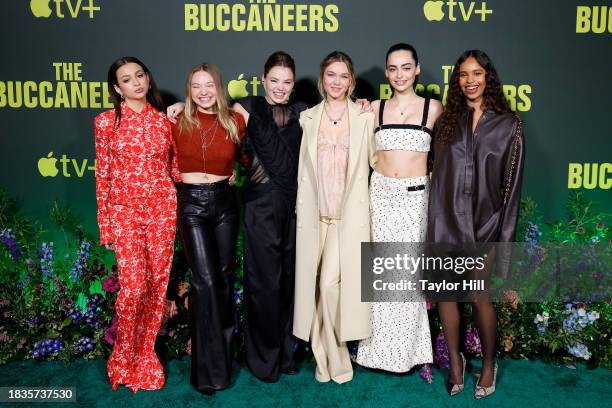 Josie Totah, Mia Threapleton, Kristine Frøseth, Imogen Waterhouse, Aubri Ibrag and Alisha Boe attend Apple TV+'s "The Buccaneers" Photo Call at Park...