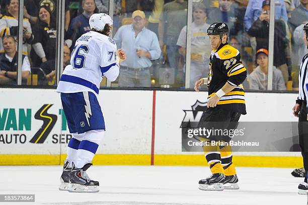 Shawn Thornton of the Boston Bruins squares up to fight against Pierre-Cedric Labrie of the Tampa Bay Lightning at the TD Garden on October 3, 2013...