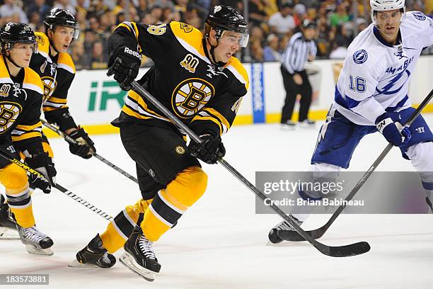 Reilly Smith of the Boston Bruins skates against the Tampa Bay Lightning at the TD Garden on October 3, 2013 in Boston, Massachusetts.