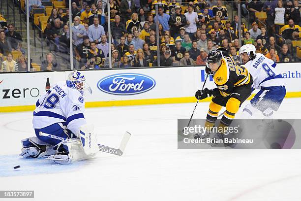 Chris Kelly of the Boston Bruins shoots the puck against Anders Lindback of the Tampa Bay Lightning at the TD Garden on October 3, 2013 in Boston,...