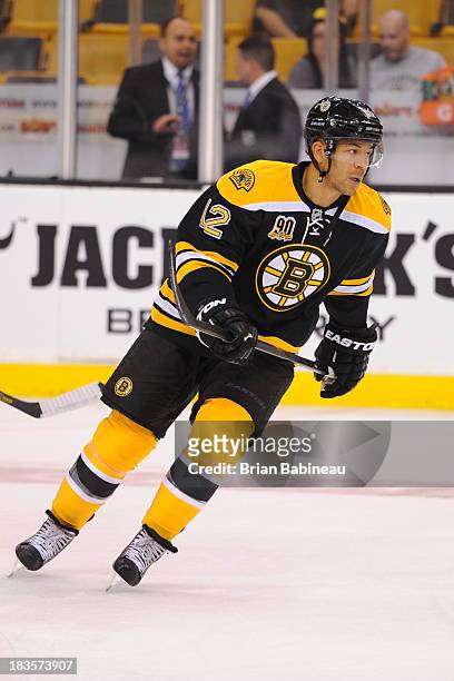 Jarome Iginla of the Boston Bruins skates during warm ups prior to the game against the Tampa Bay Lightning at the TD Garden on October 3, 2013 in...