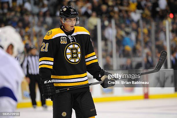 Loui Eriksson of the Boston Bruins waits for a face off against the Tampa Bay Lightning at the TD Garden on October 3, 2013 in Boston, Massachusetts.